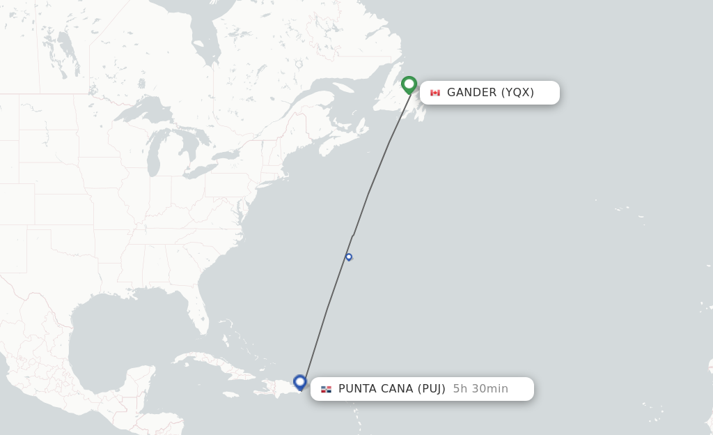 Flights from Gander to Punta Cana route map