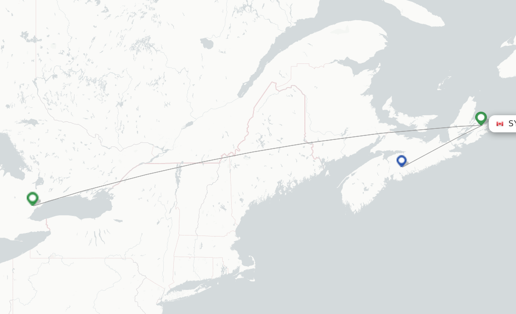 Route map with flights from Sydney with WestJet