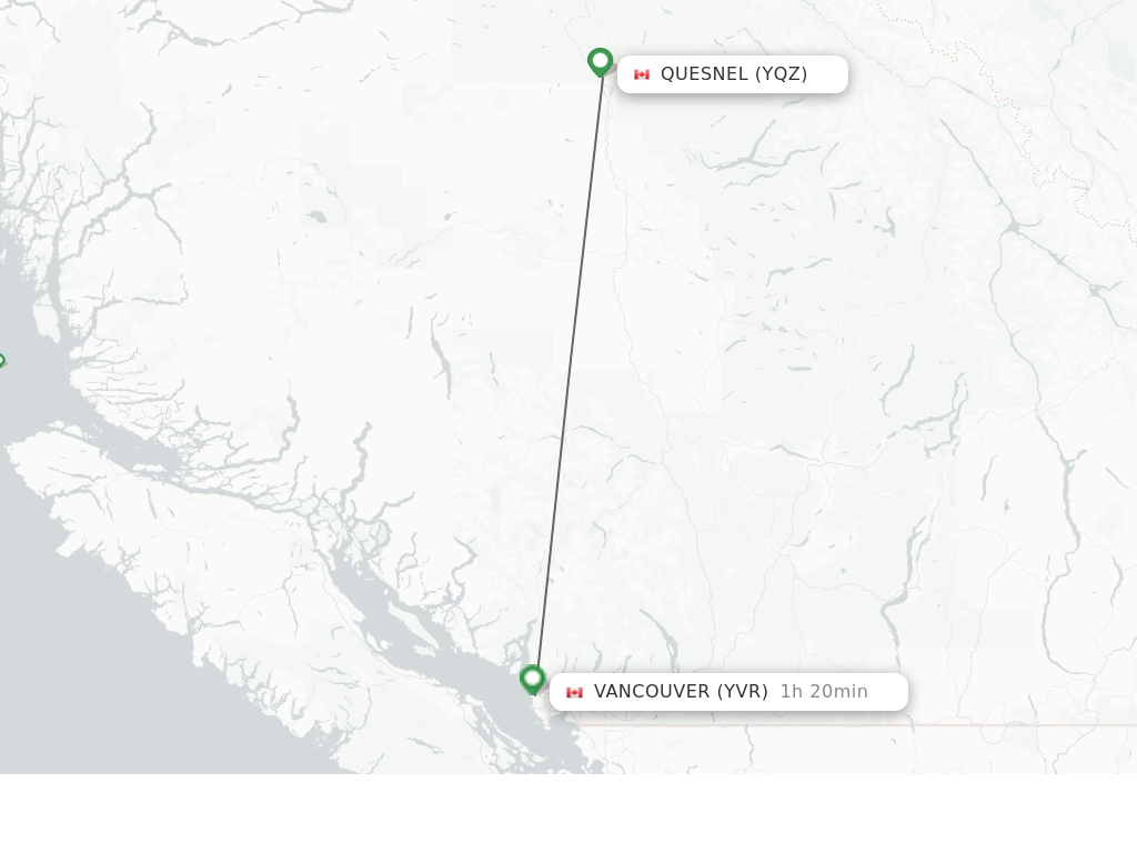 Flights from Quesnel to Vancouver route map