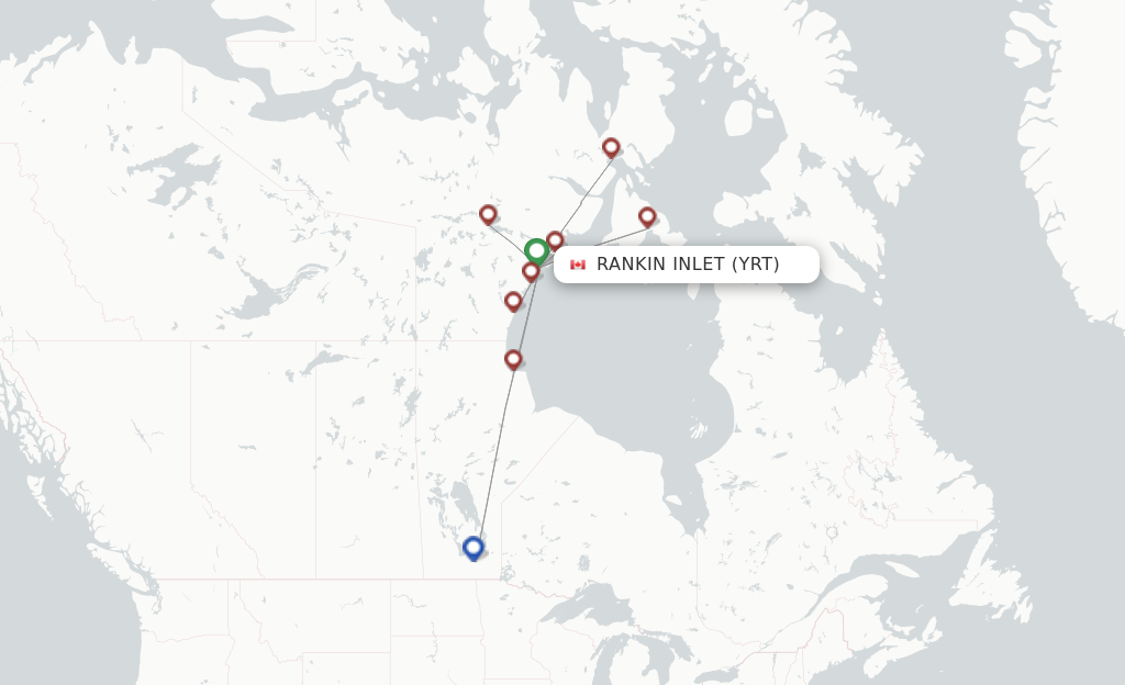 Route map with flights from Rankin Inlet with Calm Air International