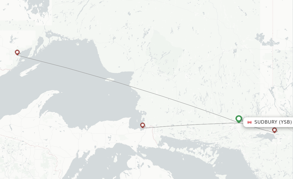 Route map with flights from Sudbury with Bearskin Airlines