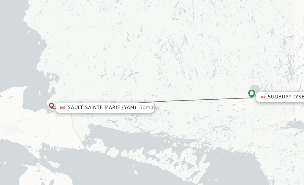 Flights from Sudbury to Sault Ste. Marie route map