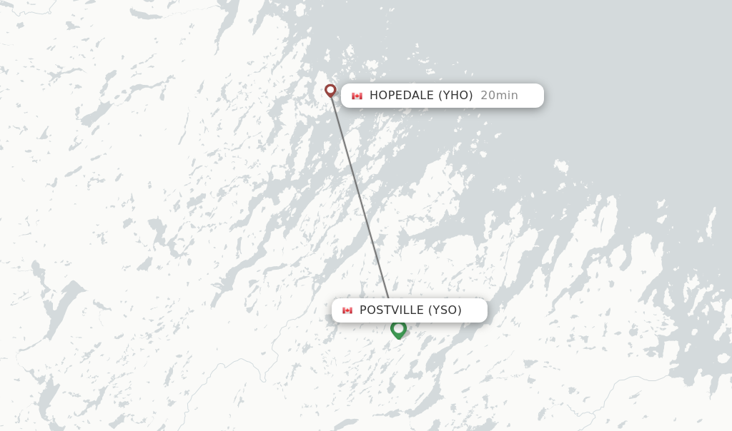 Flights from Postville to Hopedale route map