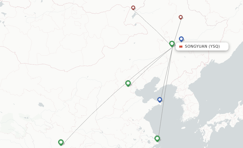 Route map with flights from Songyuan with Tibet Airlines