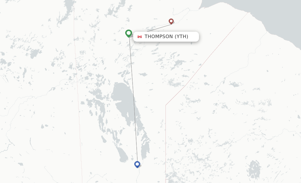 Route map with flights from Thompson with Calm Air International