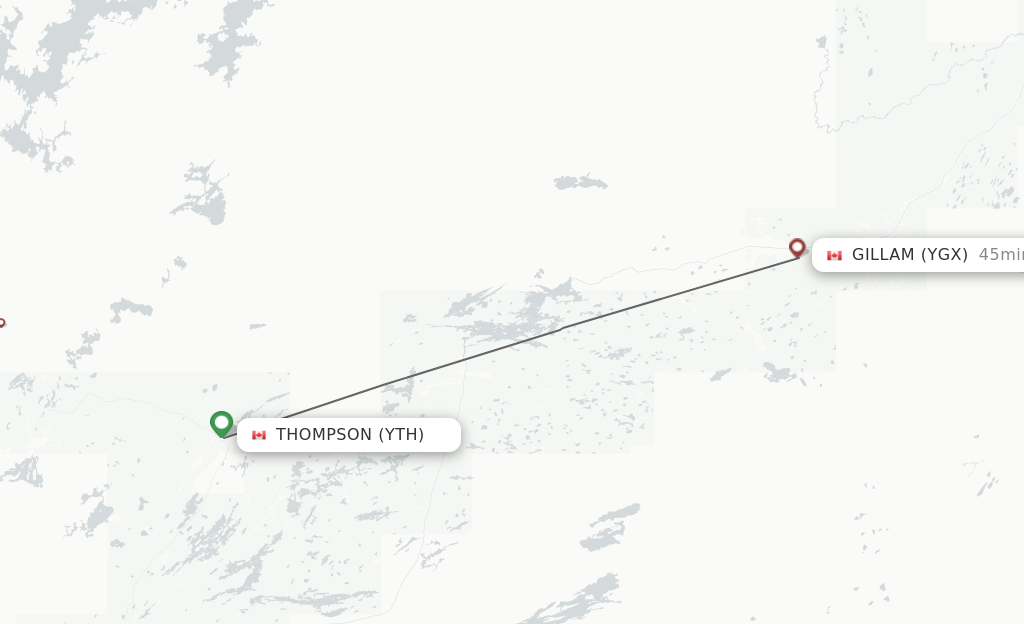 Flights from Thompson to Gillam route map