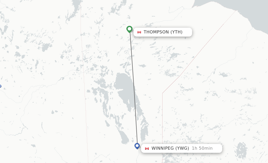 Flights from Thompson to Winnipeg route map