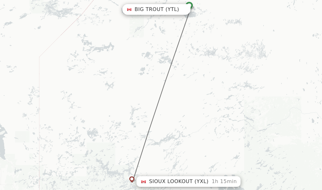 Flights from Big Trout to Sioux Lookout route map