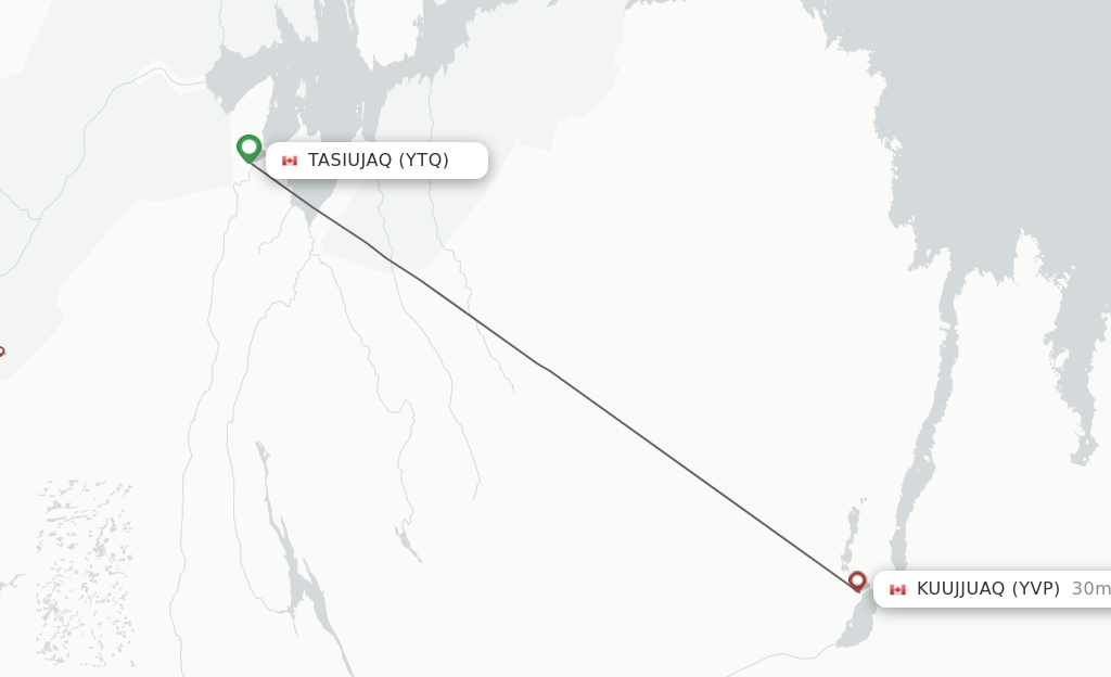 Flights from Tasiujuaq to Kuujjuaq route map