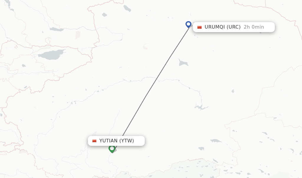 Flights from Yutian to Urumqi route map