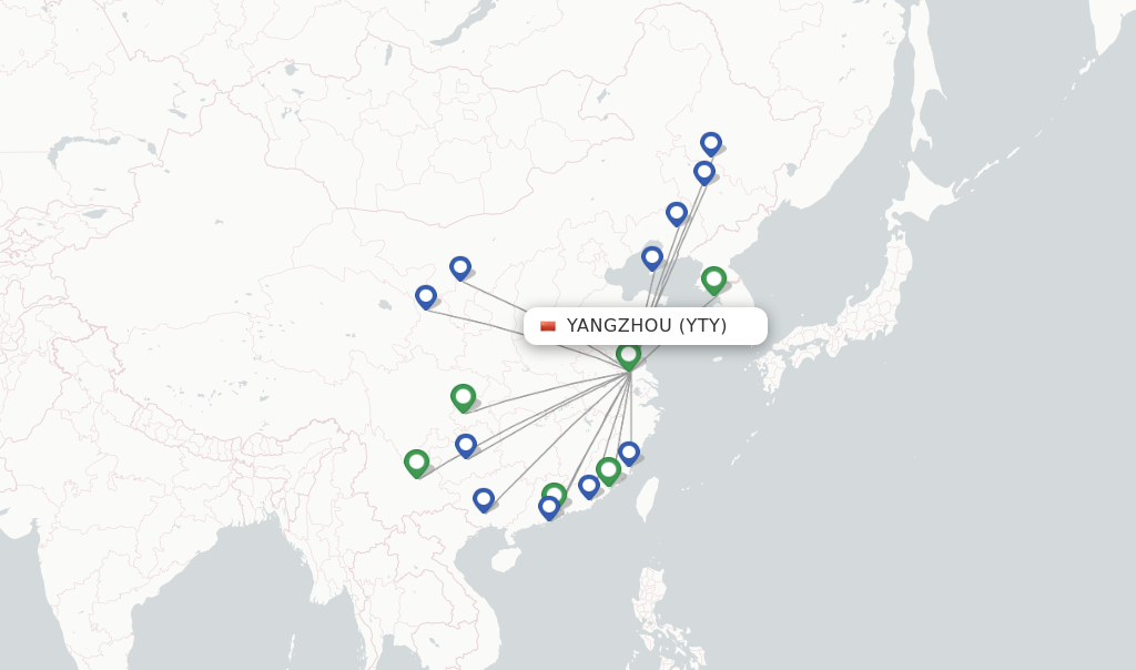 Route map with flights from Yangzhou with Spring Airlines