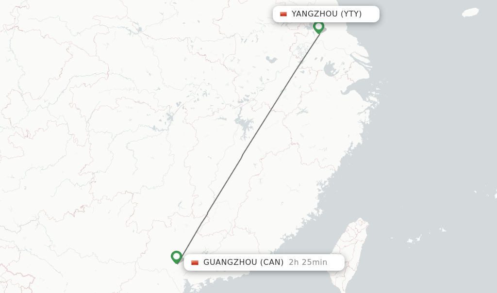 Flights from Yangzhou to Guangzhou route map
