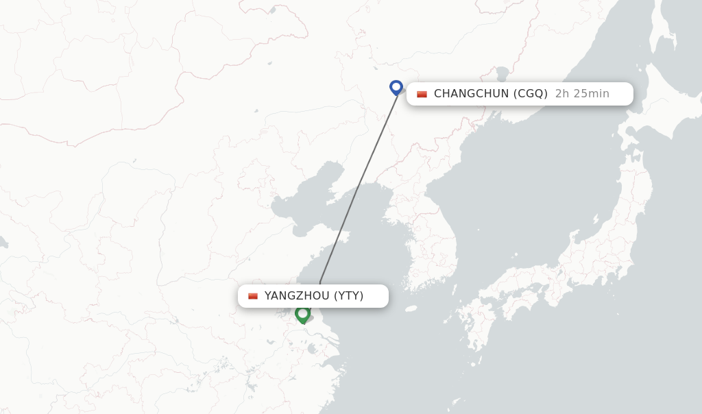 Flights from Yangzhou to Changchun route map