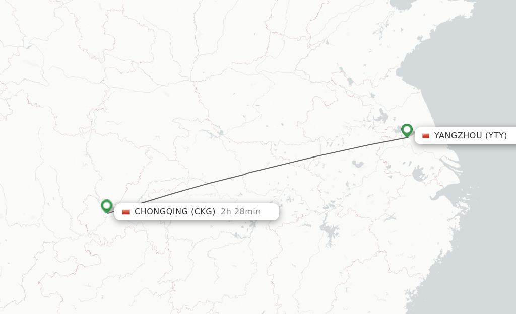 Flights from Yangzhou to Chongqing route map