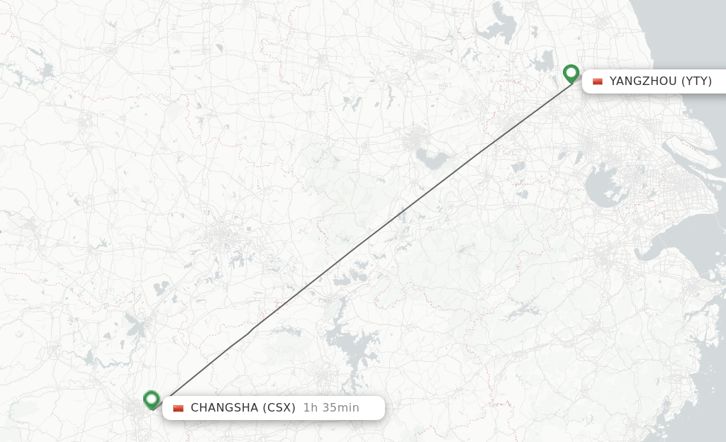 Flights from Yangzhou to Changsha route map