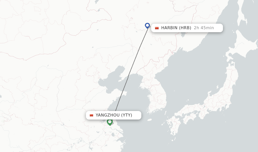 Flights from Yangzhou to Harbin route map