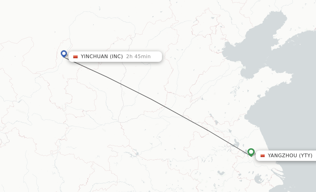 Flights from Yangzhou to Yinchuan route map