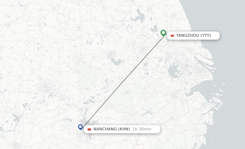 Flights from Yangzhou to Nanchang route map