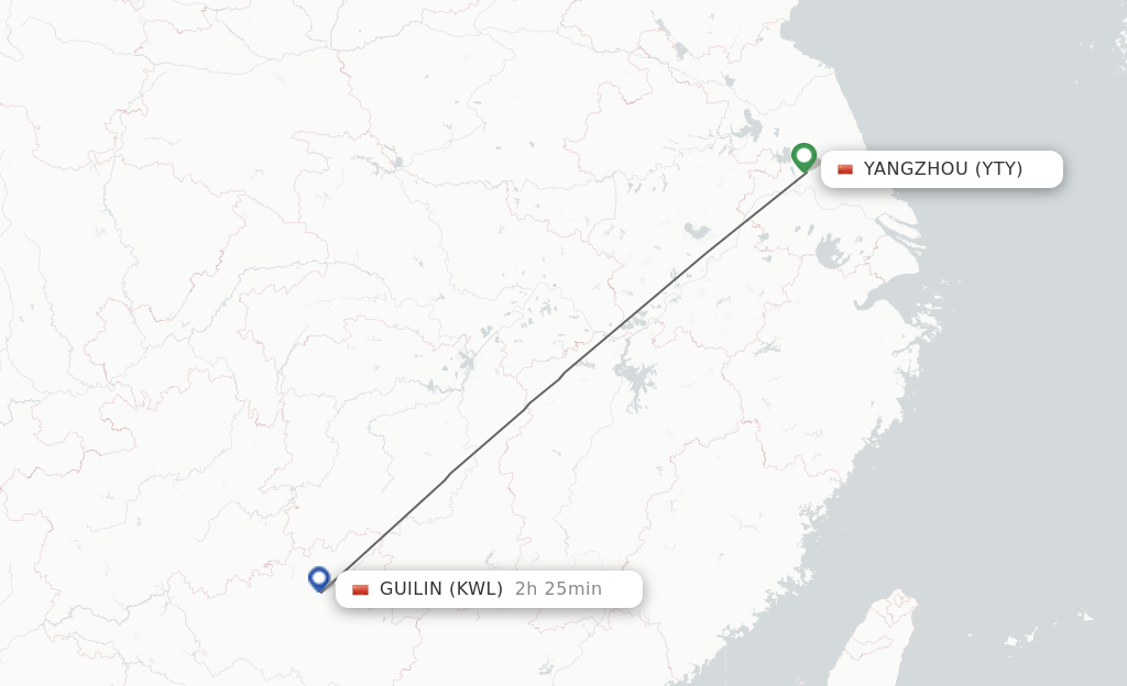 Flights from Yangzhou to Guilin route map