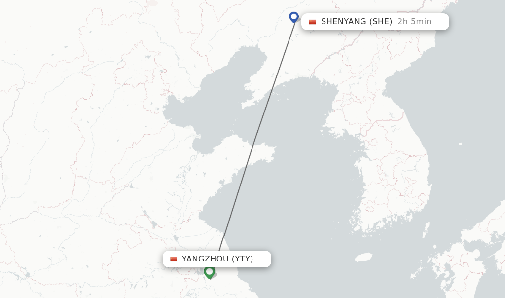 Flights from Yangzhou to Shenyang route map