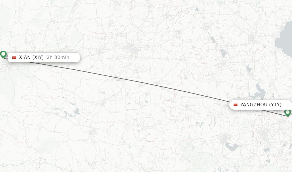 Flights from Yangzhou to Xian route map