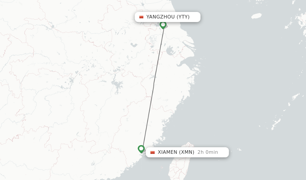 Flights from Yangzhou to Xiamen route map