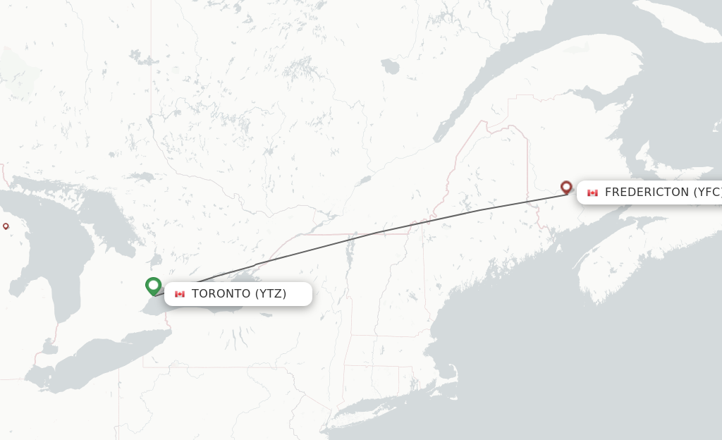 Flights from Toronto to Fredericton route map
