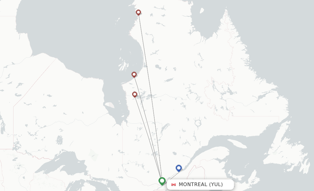 Route map with flights from Montreal with Air Inuit