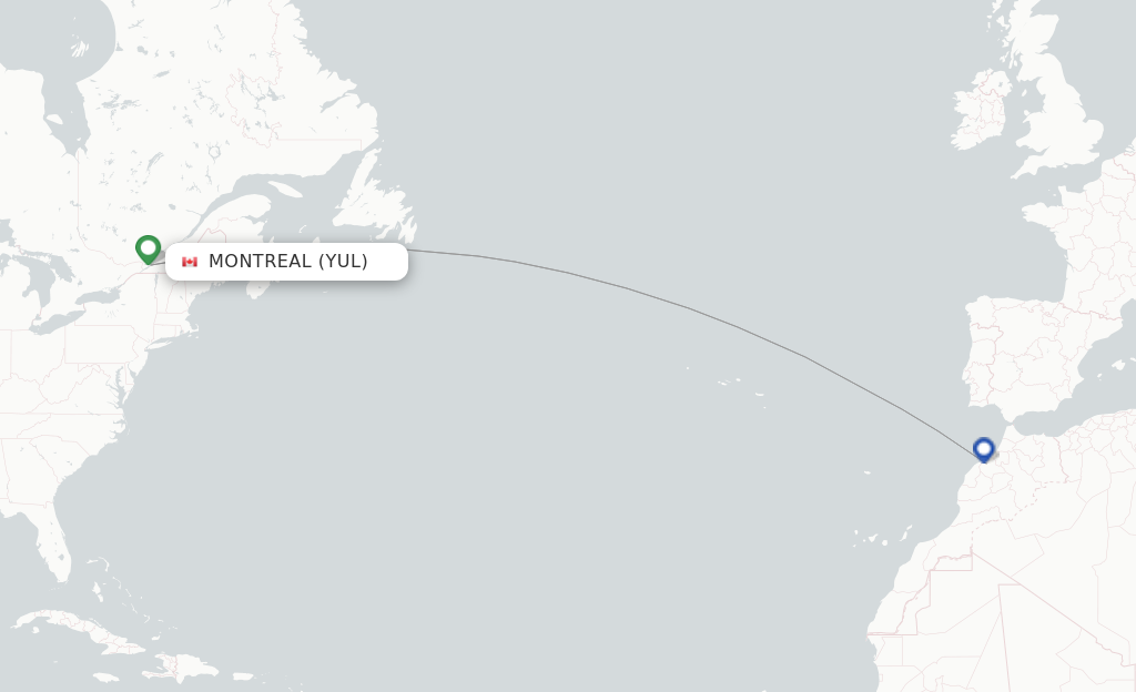 Route map with flights from Montreal with Royal Air Maroc