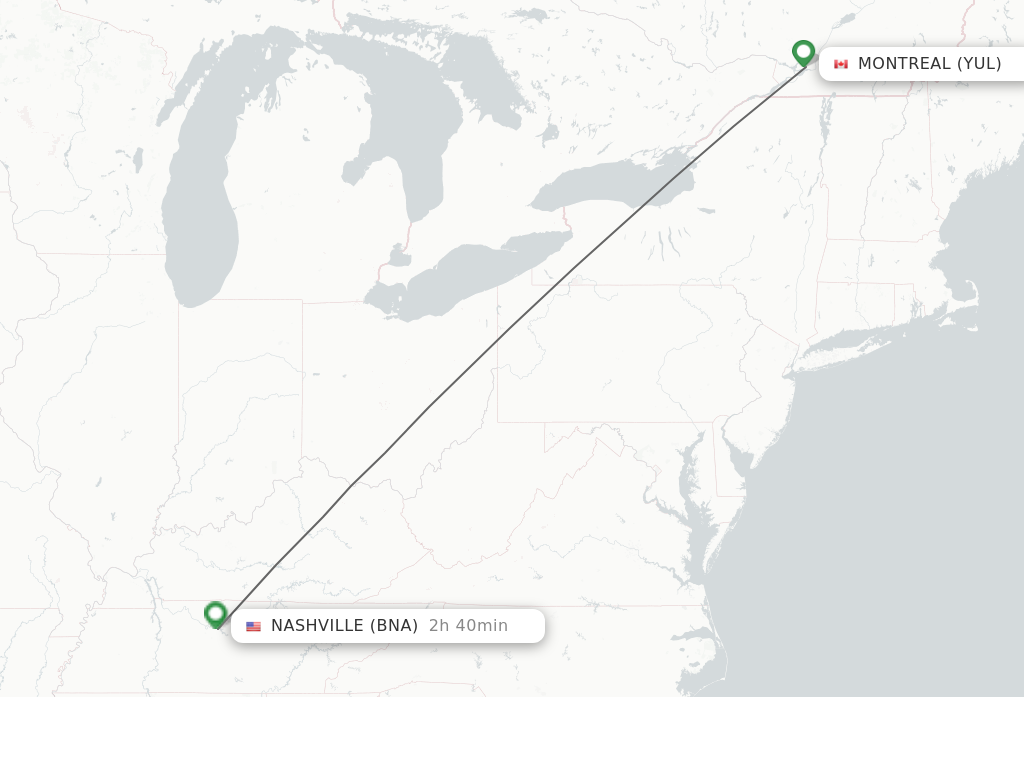 Flights from Montreal to Nashville route map