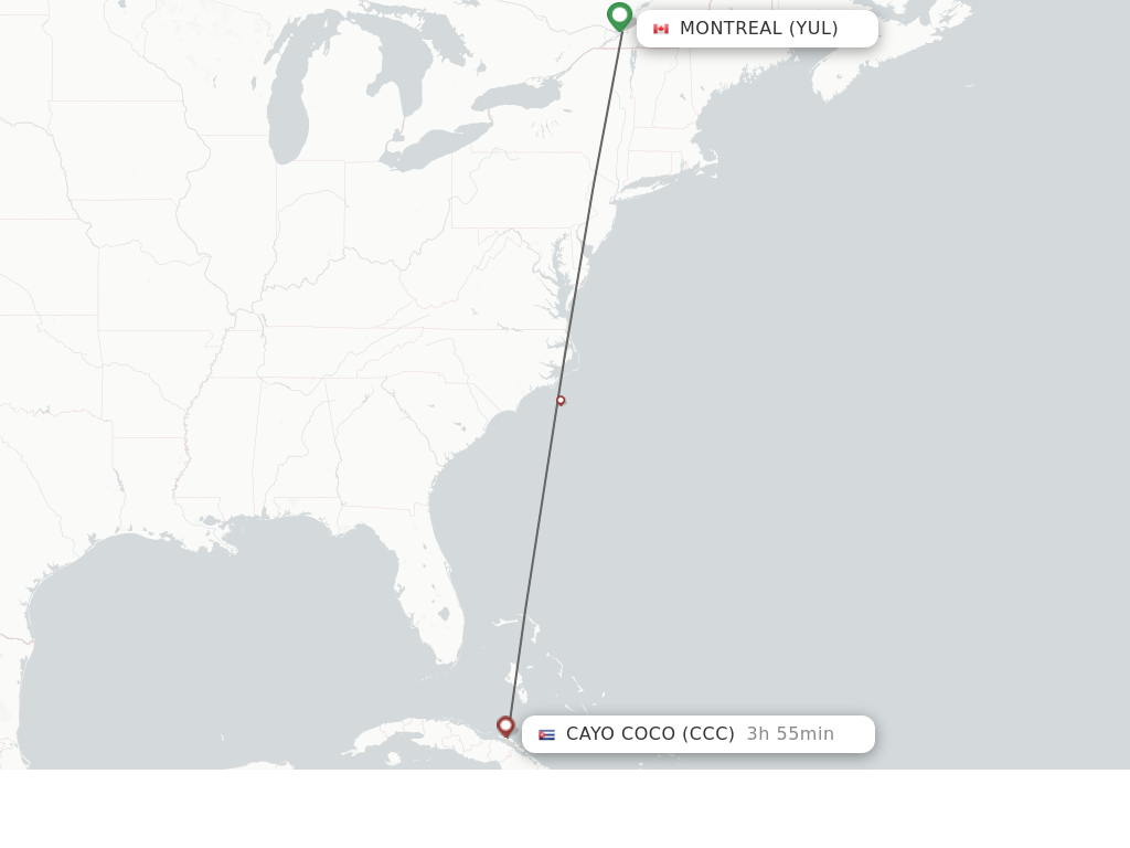 Flights from Montreal to Cayo Coco route map