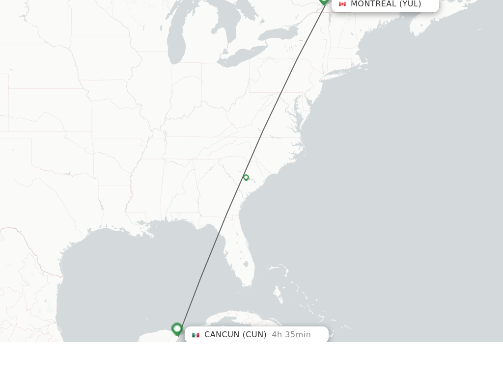Flights from Montreal to Cancun route map