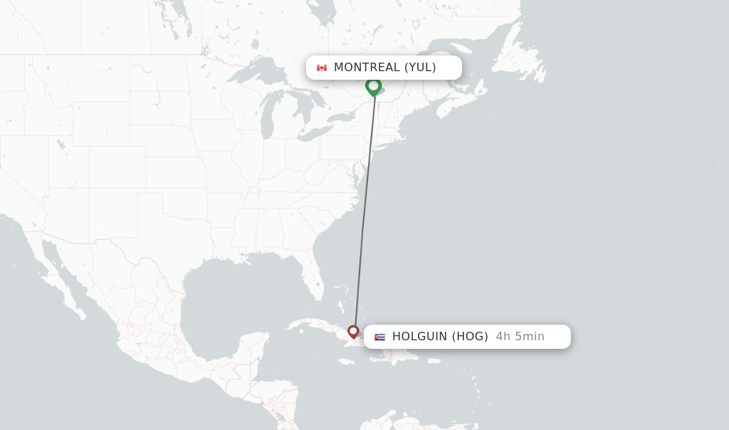 Flights from Montreal to Holguin route map