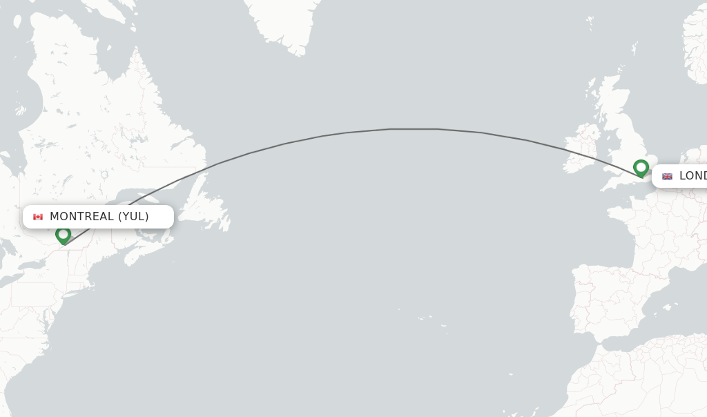 Flights from Montreal to London route map