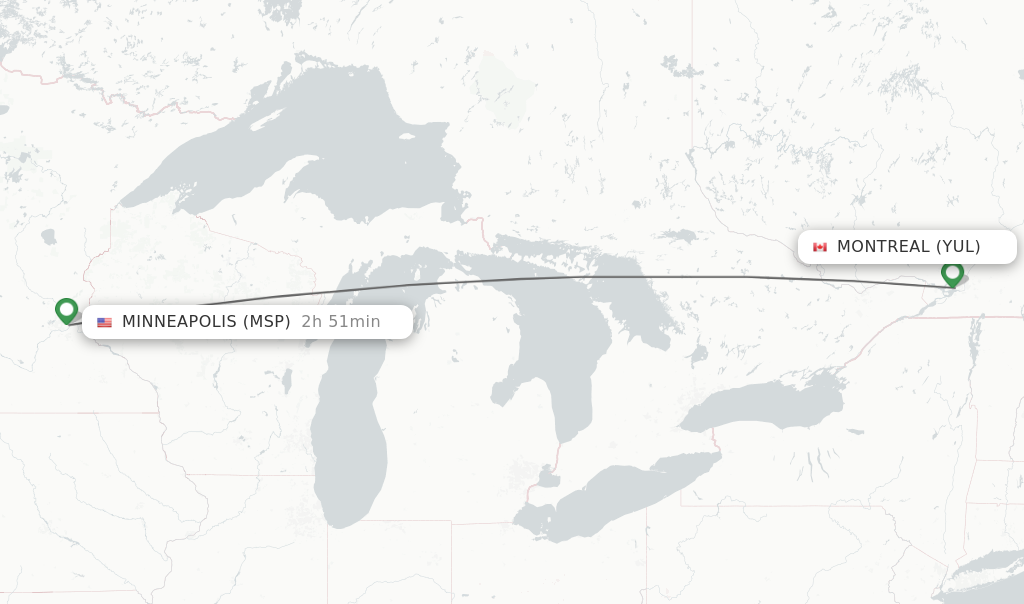 Flights from Montreal to Minneapolis route map