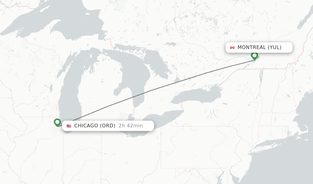 Flights from Montreal to Chicago route map
