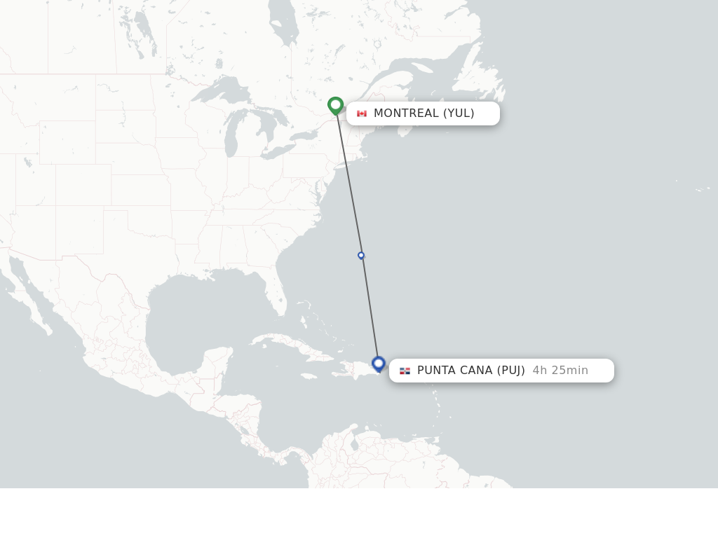 Flights from Montreal to Punta Cana route map