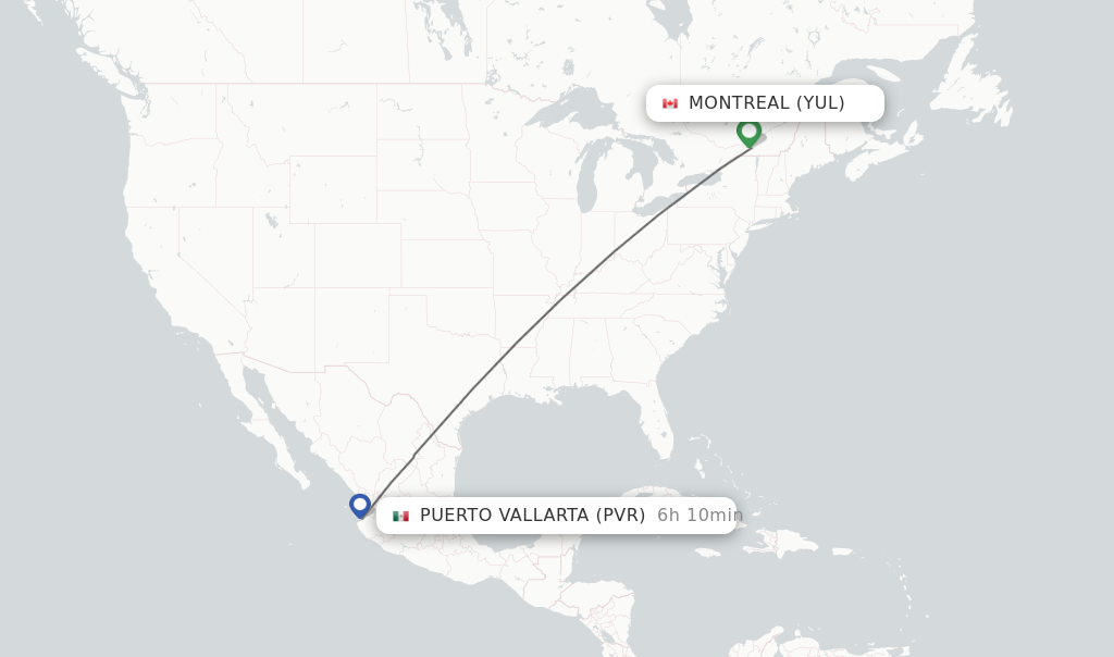 Flights from Montreal to Puerto Vallarta route map
