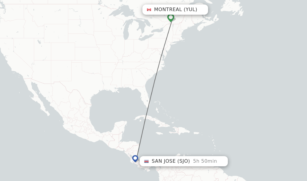 Flights from Montreal to San Jose route map