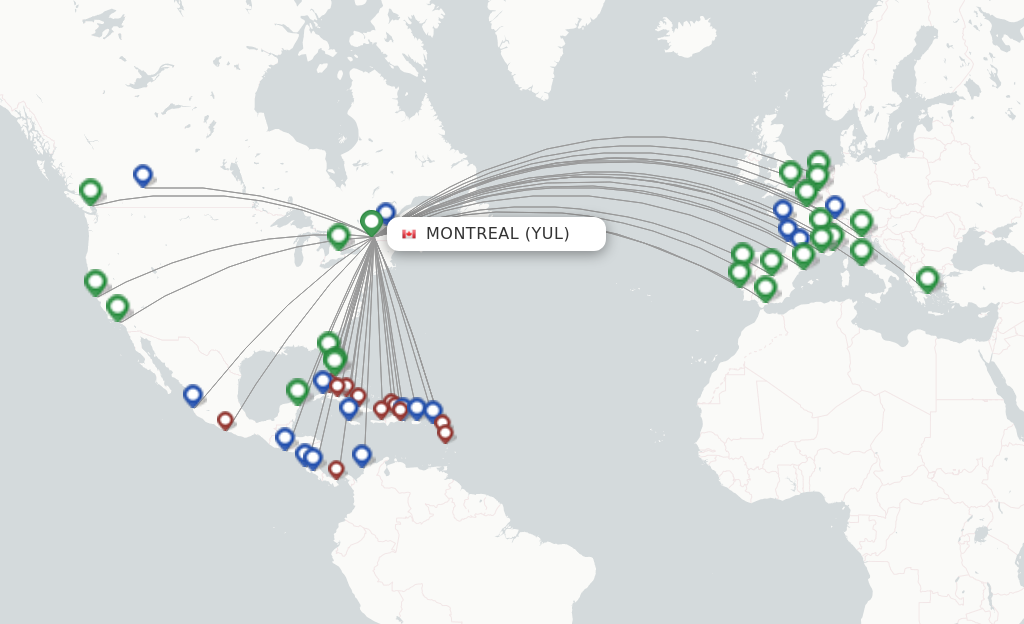 Route map with flights from Montreal with Air Transat