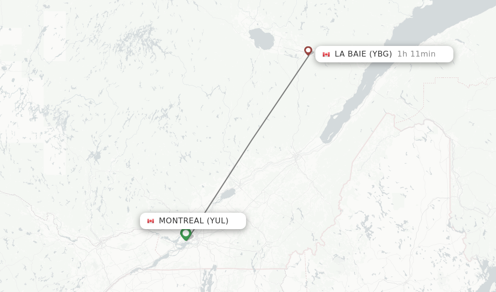 Flights from Montreal to La Baie route map
