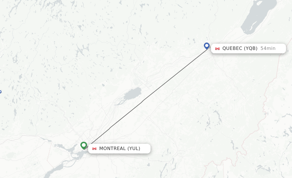 Flights from Montreal to Quebec route map