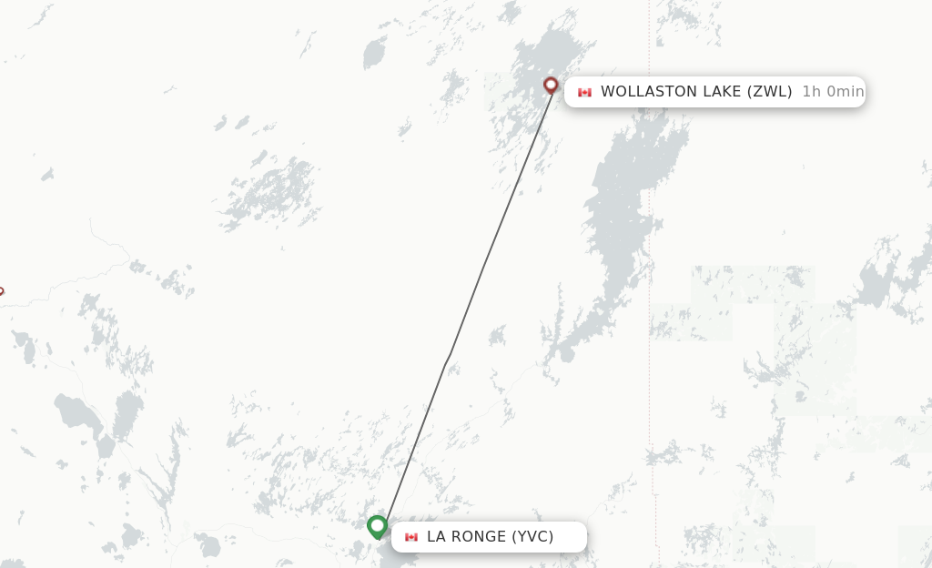 Flights from La Ronge to Wollaston Lake route map
