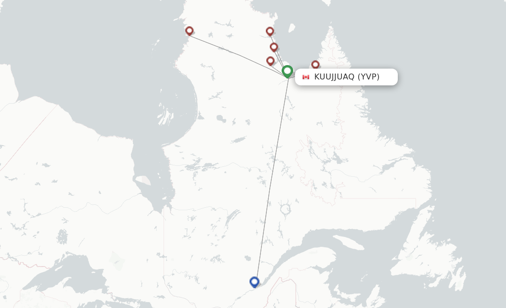 Route map with flights from Kuujjuaq with Air Inuit