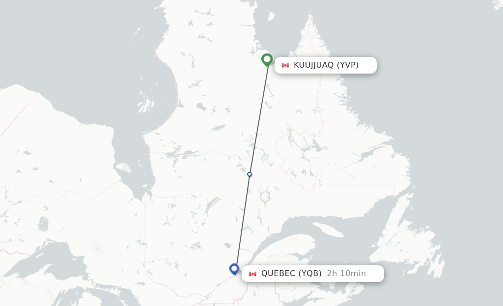 Flights from Kuujjuaq to Quebec route map