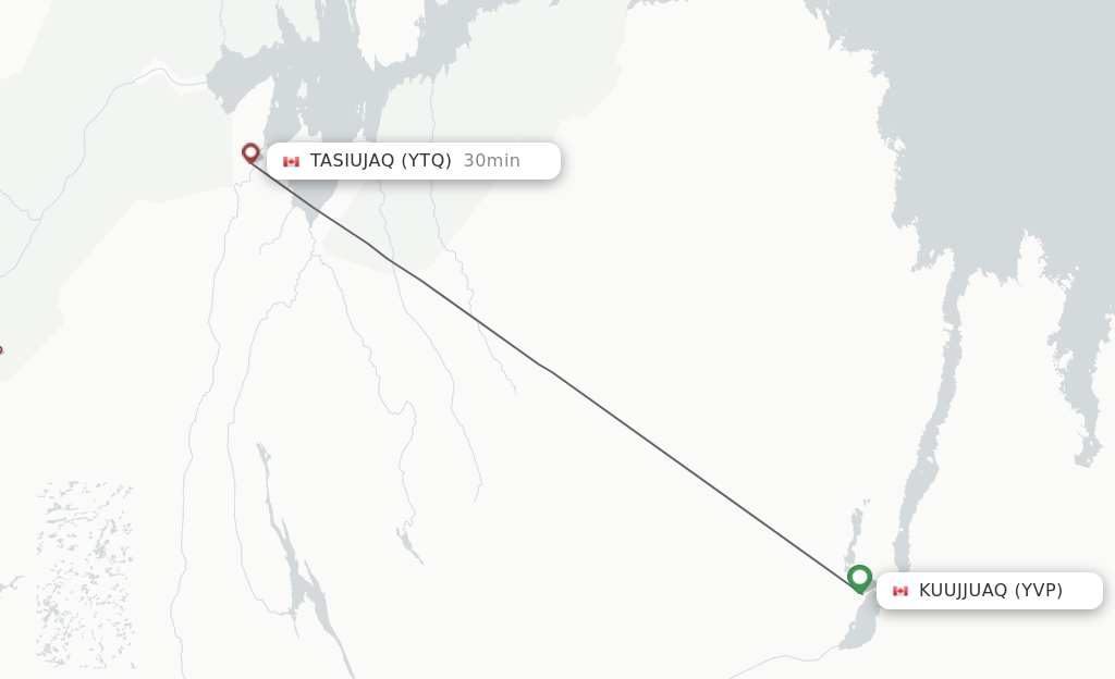 Flights from Kuujjuaq to Tasiujaq route map