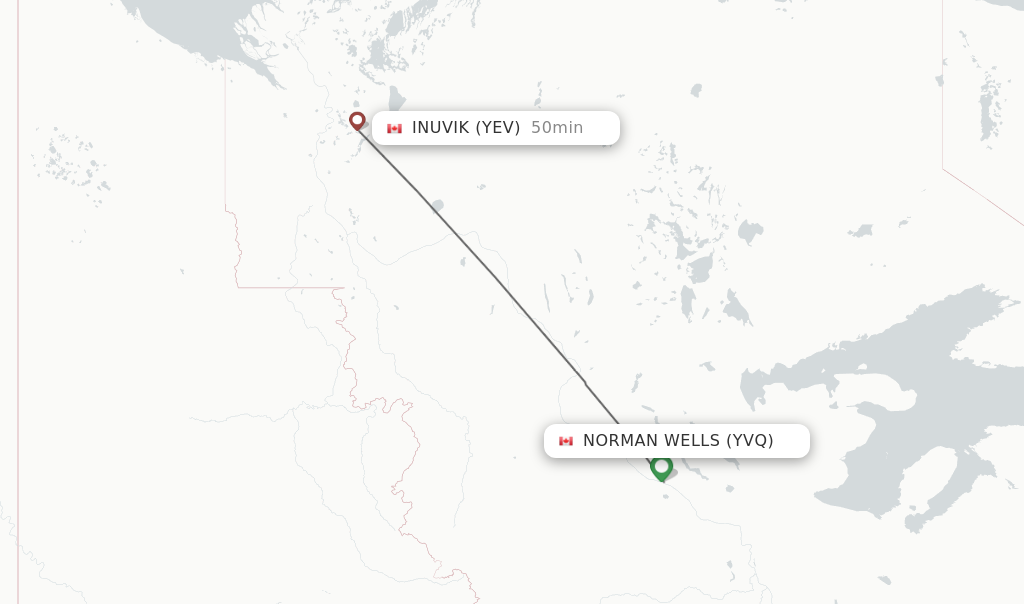 Flights from Norman Wells to Inuvik route map