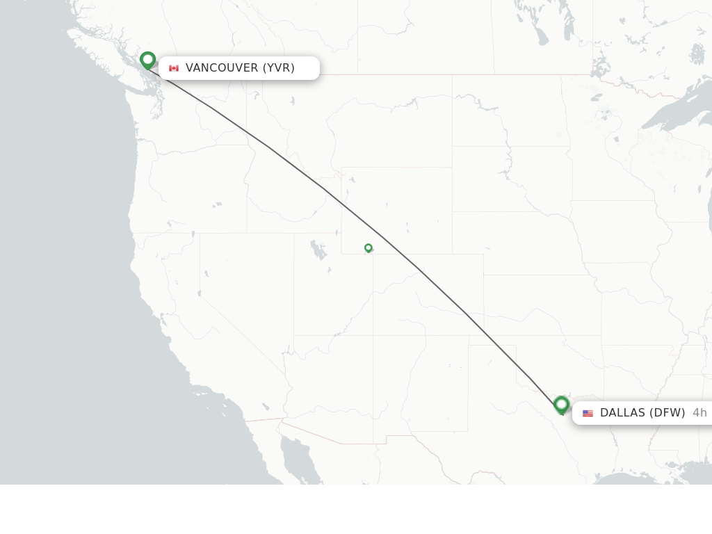 Flights from Vancouver to Dallas route map