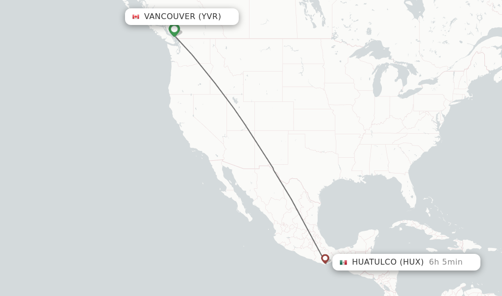 Flights from Vancouver to Huatulco route map