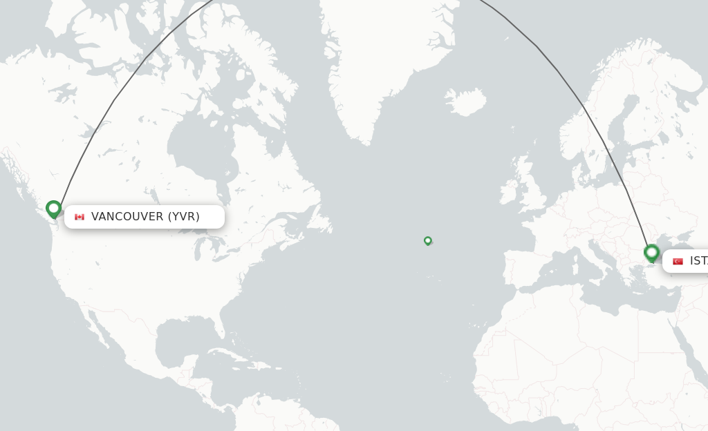 Flights from Vancouver to Istanbul route map